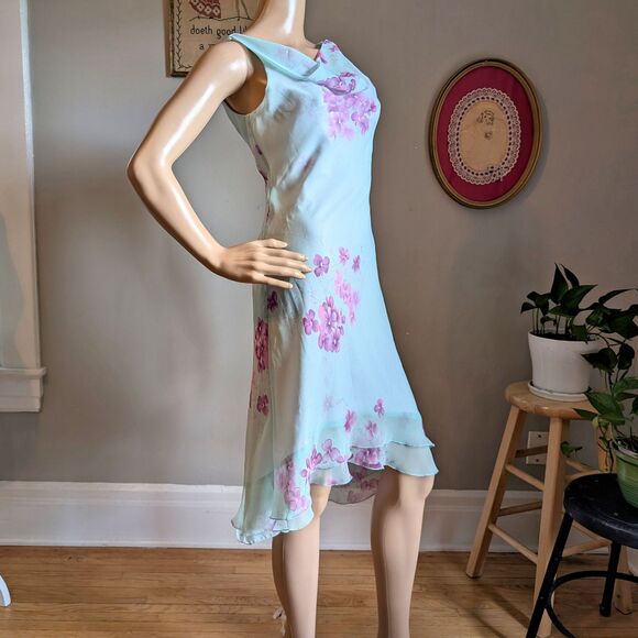 Vintage 90s Teeze Me Floral Dress Midi Watercolor Blue Cowl Jrs Size 3 - Picture 3 of 9